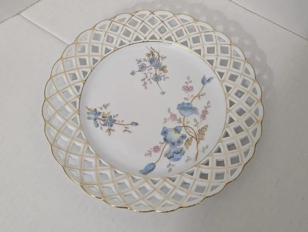 Antique Altrohla Austria Reticulated Plate Floral Gold Lattice Pierced